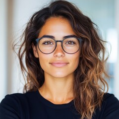 Obraz premium Portrait of a young woman with long, wavy brown hair wearing glasses. She has a calm and confident expression.