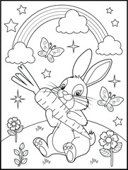 Illustration of a cute bunny cartoon character eating a big carrot. Black and white Printable rabbit coloring page for kids.
