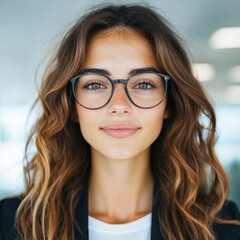 Obraz premium Portrait of a young woman with long brown hair wearing glasses, exuding confidence and style.