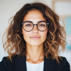 Obraz premium Portrait of a young woman with curly brown hair wearing glasses. She's looking directly at the camera with a calm expression.