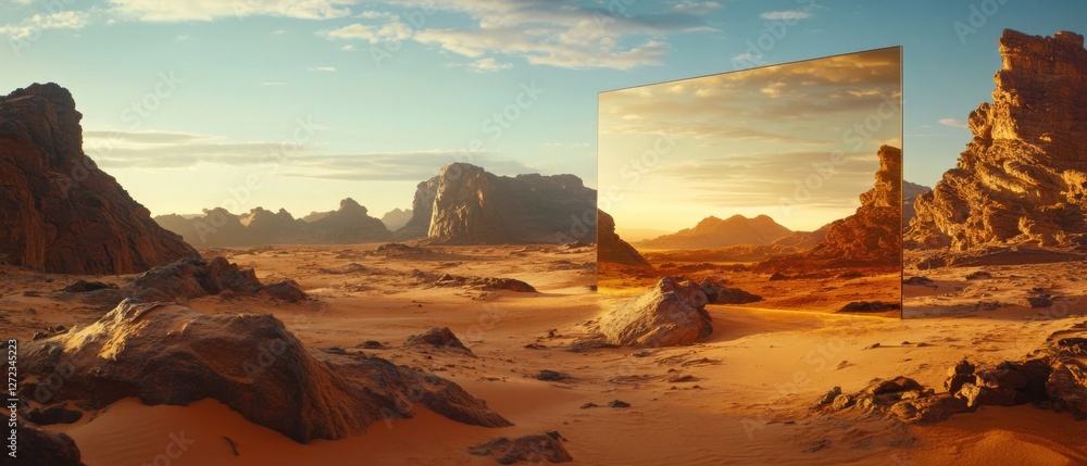 Poster Surreal desert landscape with a transparent screen or portal reflecting a mirrored view of the same scene at sunset Concept of parallel universe, alternate reality, simulation, and illusion