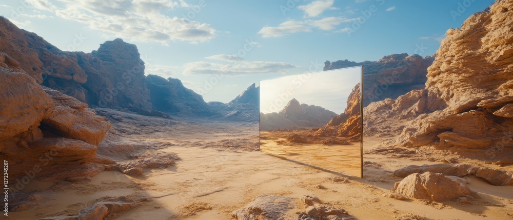 Aufkleber surreal desert landscape with a large mirror reflecting the rocky terrain conceptual image of illusi