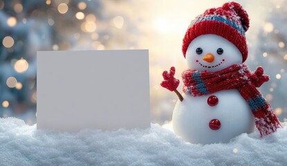 Happy snowman behind blank banner in cheerful winter scenery cartoon style with bright fluffy snowflakes and holiday spirit