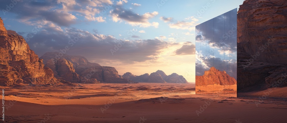 Poster giant mirrored monolith in the wadi rum desert at sunset surreal landscape with a reflective structu