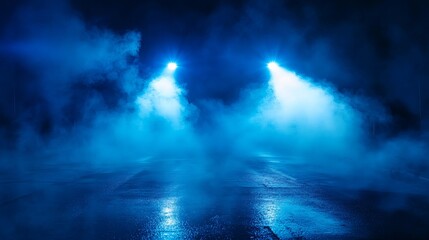 Obraz premium Blue Night Dramatic Scene Dark Moody Foggy Road Asphalt Street Lights Background Texture sky way wet art mist city path beam damp smoke urban water 