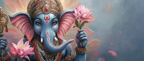 Fototapeta premium Serene Blue Ganesha Holding Lotus Flowers: A Divine Portrait of the Hindu God of Wisdom and New Beginnings