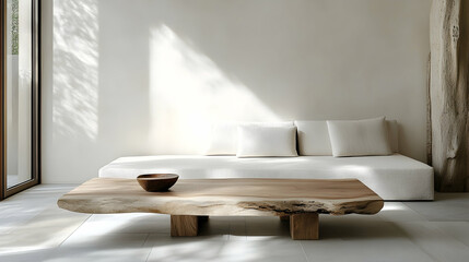 Minimalist living room with a wooden table in front of a sofa