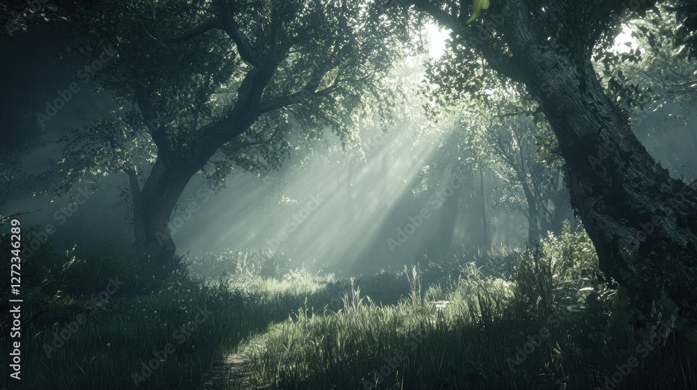 Poster sunbeams illuminate a mystical forest path