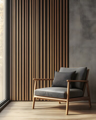 Gray Armchair with Wooden Slat Wall and Concrete Accent