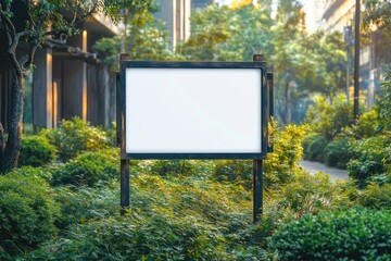 Fototapeta premium Blank Sign Surrounded by Lush Green Bushes in a Sunny Garden