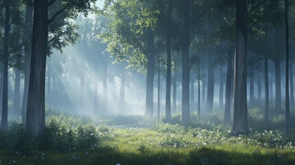 Fototapeta premium Sunbeams Illuminate a Misty Forest Meadow
