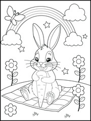 Illustration of a cute bunny cartoon character eating a big carrot. Black and white Printable rabbit coloring page for kids.
