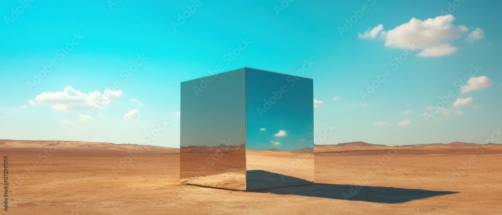 Poster reflective metallic cube in a vast desert landscape under a vibrant blue sky surreal art installatio
