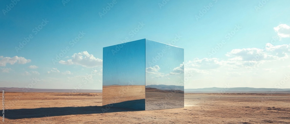 Poster Reflective metallic cube in a vast desert landscape under a blue sky with clouds Concept of minimalism, art installation, and surrealism