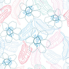 leaves, flowers line art hand drawn tropical floral seamless pattern. line art hand drawn floral repeat pattern. It is good for clothing, textile, fabric, wrapping, decorations, tiles and more.