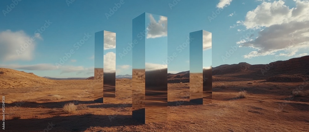Poster three reflective monoliths in a vast desert landscape under a blue sky with clouds concept of myster
