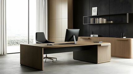 Fototapeta premium Minimalist Office Design with Light Wooden Elements for a Calm Workspace