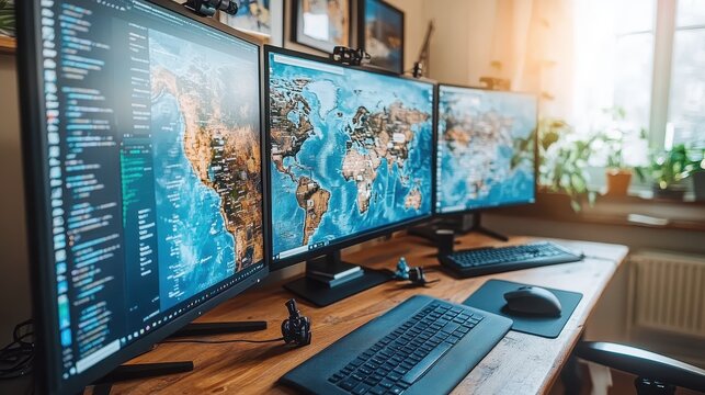 modern office with inventory system on multiple screens, bright daylight,  with business routes