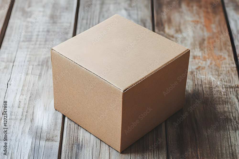 Poster a minimalist composition featuring a closed cardboard box placed on a rustic wooden surface, showcas