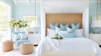 Elegant bedroom features a four poster bed with wicker accents