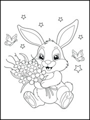 Illustration of a cute bunny cartoon character holding a flower bouquet. Black and white Printable rabbit coloring page for kids.
