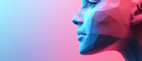Polygonal woman face profile with neon gradient background Abstract digital art of a female head, showcasing futuristic and geometric aesthetics Concept of artificial intelligence, beauty, and technol