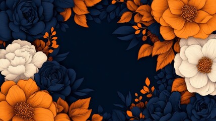 Elegant floral arrangement in navy blue, cream, and burnt orange hues.  Perfect for invitations or decor.