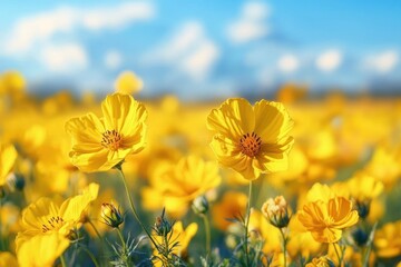 Fototapeta premium Vibrant Yellow Rapeseed Flowers Under Bright Blue Sky in Blooming Canola Field