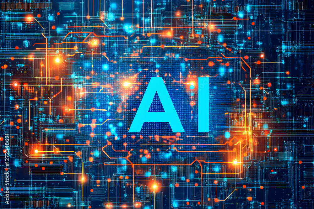 Poster abstract depiction of artificial intelligence, complex network of data, neural connections, and futu
