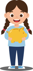 Young girl holding a yellow piggy bank in a flat vector illustration