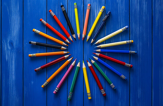 A vibrant radial arrangement of colored pencils creating a dynamic visual, set against a textured blue wooden surface promoting creativity - Powered by Adobe