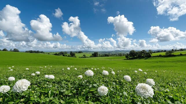 White flowers field, rolling hills, blue sky, countryside