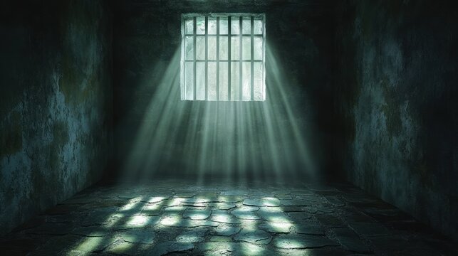 Dark Atmospheric Prison Cell Interior Render at Night with Barred Window and Shadows