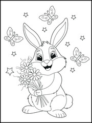 Illustration of a cute bunny cartoon character holding a flower bouquet. Black and white Printable rabbit coloring page for kids.
