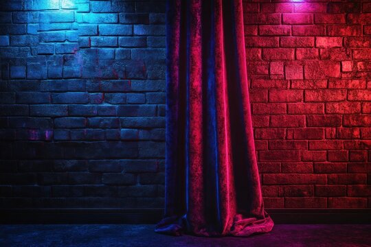 Theatrical Interior Scene with Velvet Curtain and Illuminated Brick Wall