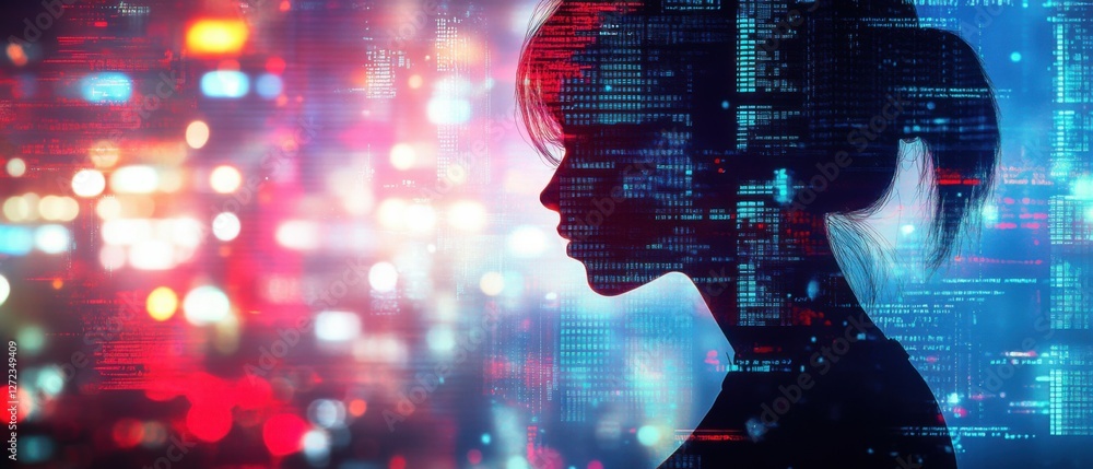 Poster silhouette of a woman with data code overlay against a blurred cityscape background concept of techn
