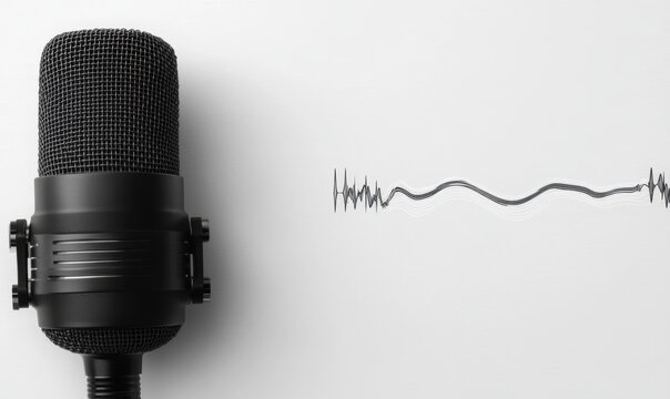A close-up of a black microphone with sound wave patterns on a white background, symbolizing audio recording