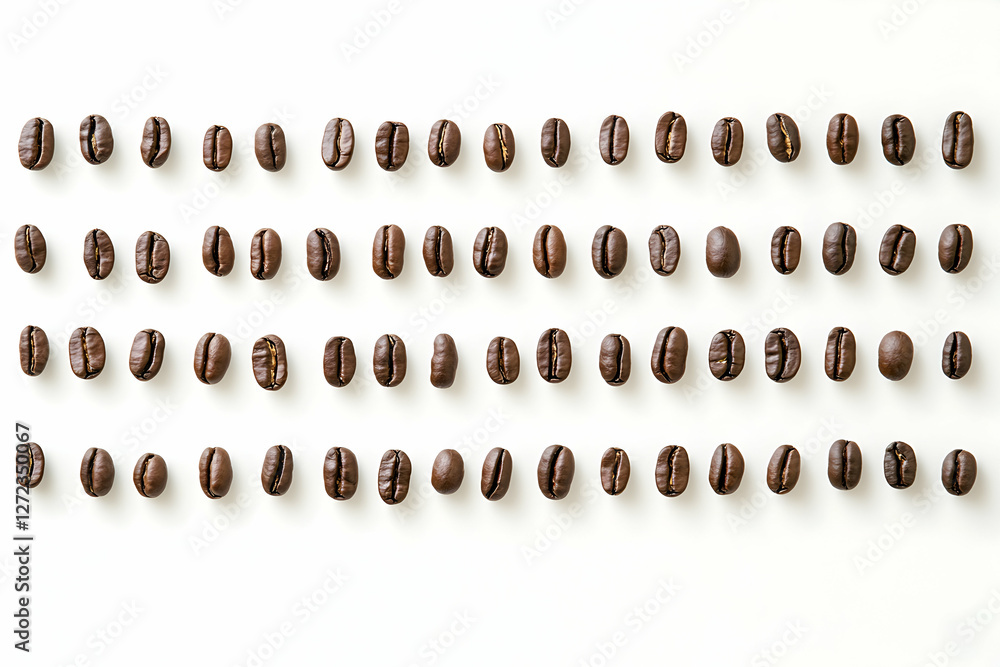Poster arranged roasted coffee beans creating a structured and minimalistic pattern on a clean white backdr