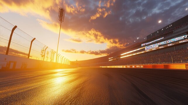 Sunset Race Track Showing Asphalt and Grandstands