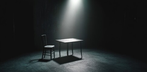 Noir Scene of Police Interrogation Room with Harsh Lighting and Deep Shadows