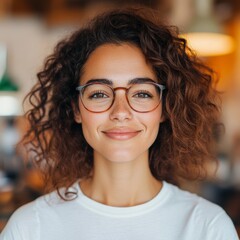 Obraz premium Smiling young woman with curly hair and glasses. She's wearing a white shirt.
