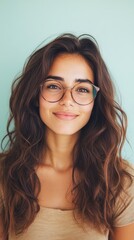 Naklejka premium Smiling young woman with long, wavy brown hair wearing glasses against a light teal background.