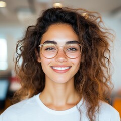 Obraz premium Portrait of a smiling young woman with curly brown hair wearing glasses. Positive vibes!