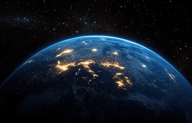 Naklejka premium Stunning View of Earth from Space at Night with Europe Illuminated in Hyper-Realistic Style