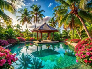 Fototapeta premium Luxurious Tropical Resort Poolside Gazebo: Relaxation and Rejuvenation