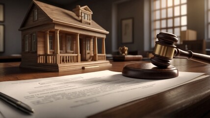 Legal Gavel and House Model on Desk: Real Estate, Law, and Property Rights Concept