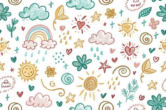 Childlike whimsical pattern of sun, clouds, rainbow, hearts, stars, and foliage on white background