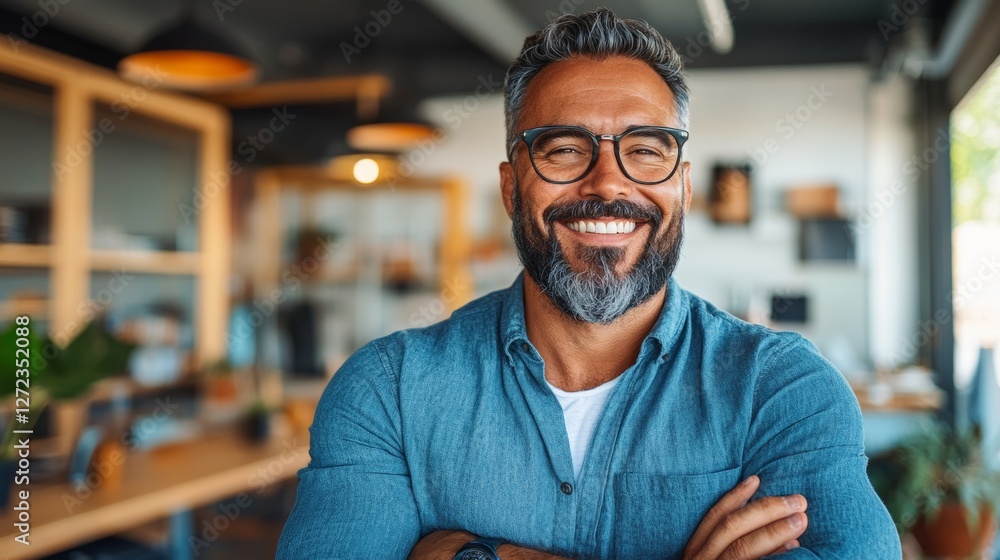 Canvas Prints Smiling middle-aged man with graying hair and beard, wearing glasses, in a modern office setting.