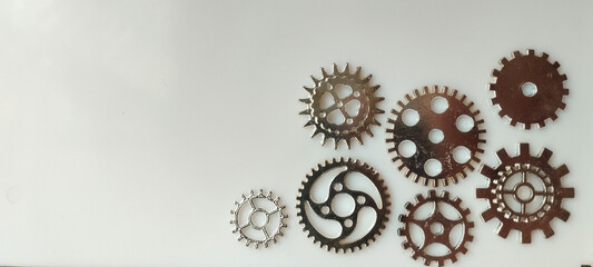Mechanical process gear assembly workshop metal components industrial setting top view engineering...