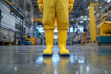 Worker in yellow protective suit, factory floor, safety, protection